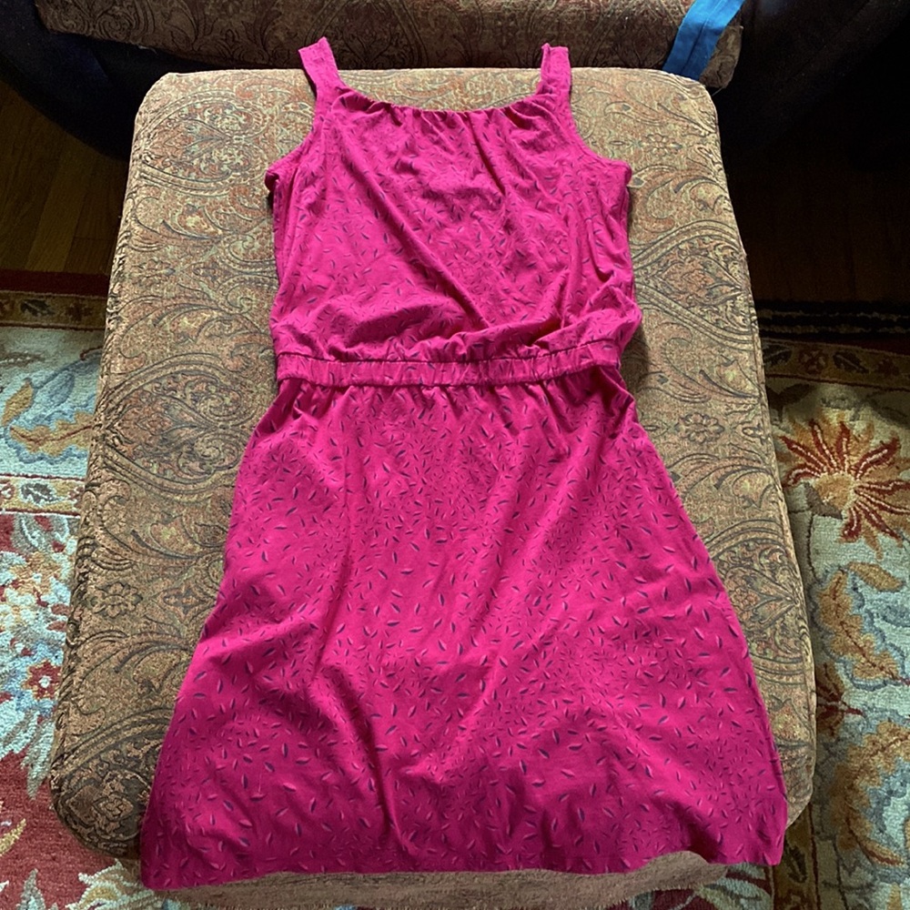 Toad&Co Shirred Thing tank dress magenta leaves floral pattern pockets women’s S